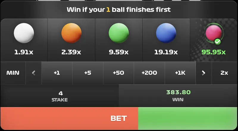 Stairpong ball selection screen showing odds for each color and the number of balls per color