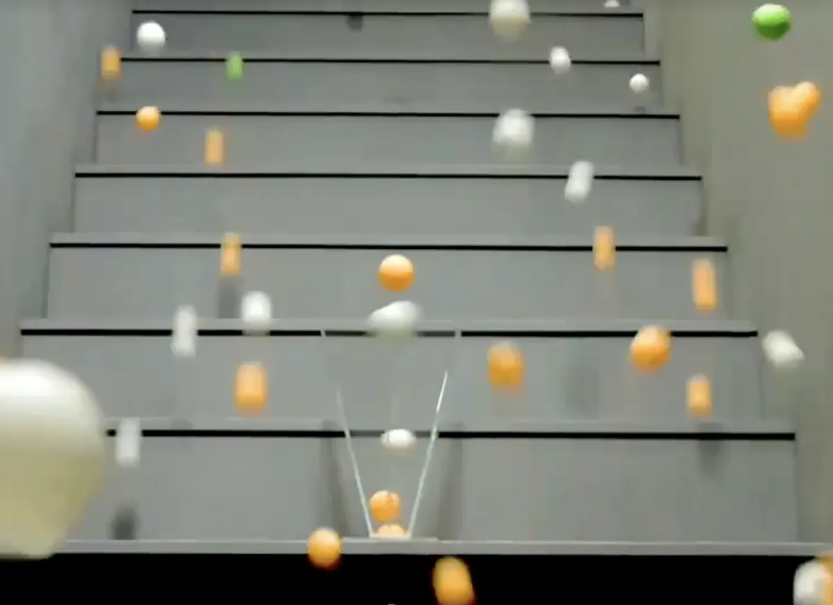 106 ping-pong balls racing down the physical staircase during a live Stairpong round