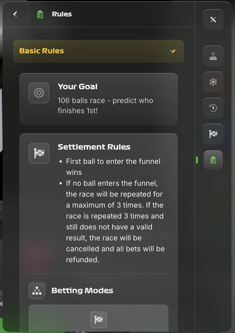 Stairpong basic rules screen explaining the game goal: first ball to enter the funnel wins, with settlement rules