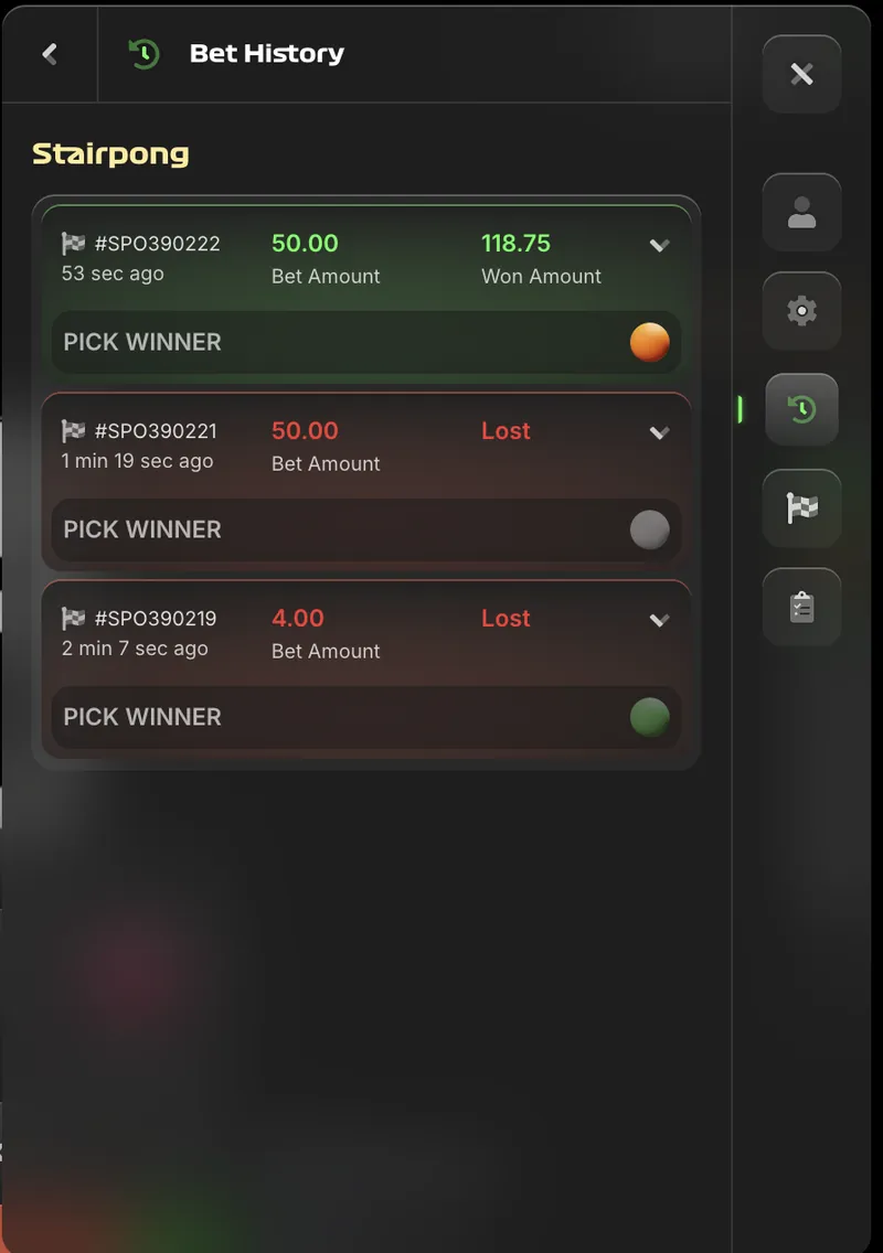 Stairpong bet history panel showing a list of past wagers, wins, and losses