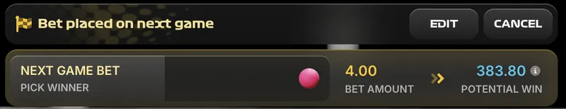 Stairpong bet confirmation screen showing stake amount and potential win payout