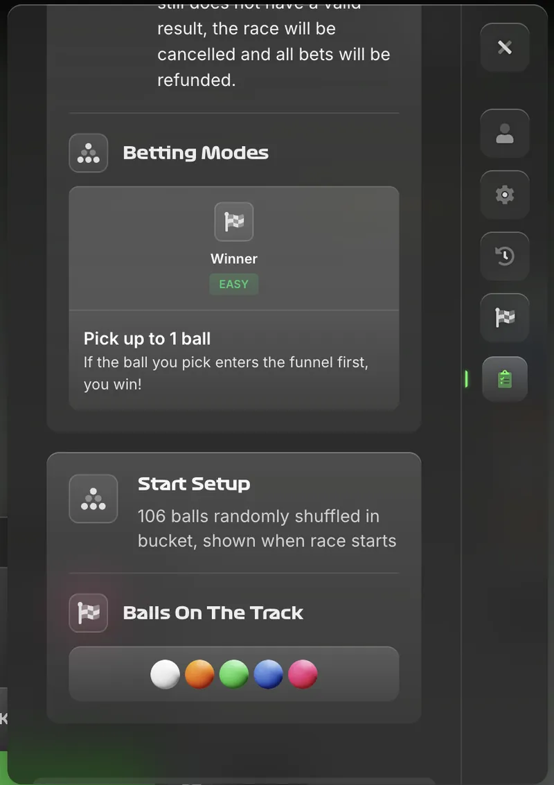Stairpong betting modes panel showing the Pick Winner setup with ball color options, bet amount input, and confirm button
