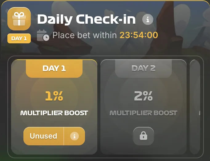 Stairpong daily check-in reward screen with multiplier boosts and free bet rewards