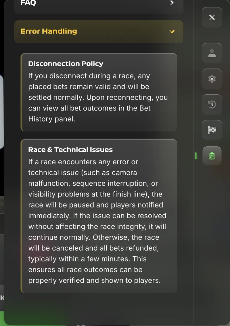 Stairpong error handling and disconnection policy screen detailing what happens to active bets during technical issues