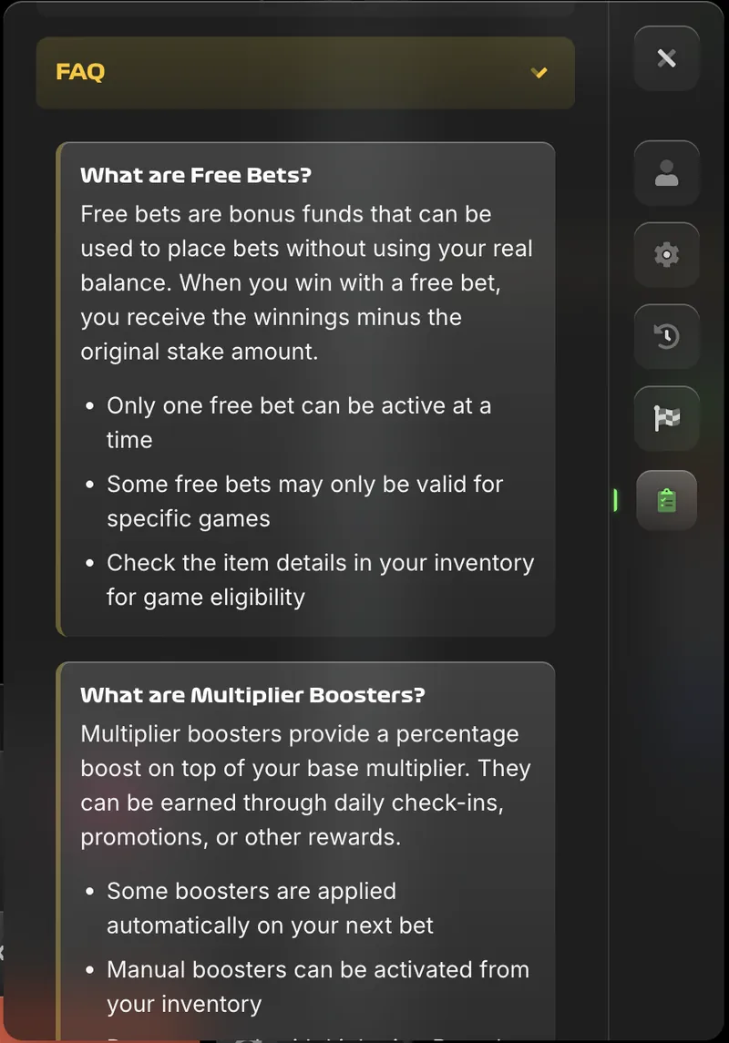 Stairpong FAQ section explaining how Free Bets and Multiplier Boosters work