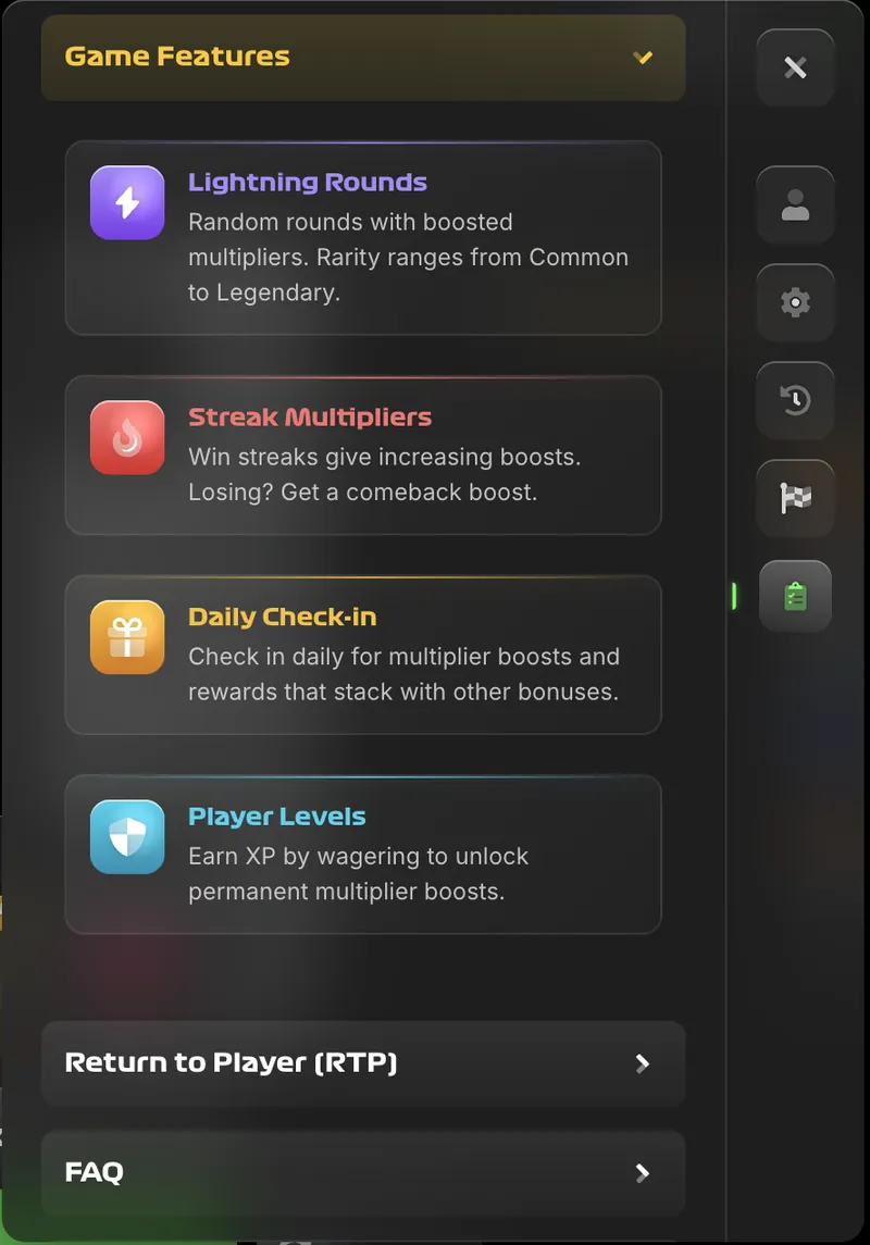 Stairpong game features overview showing the main interface elements including betting panel, race feed, history, and feature buttons