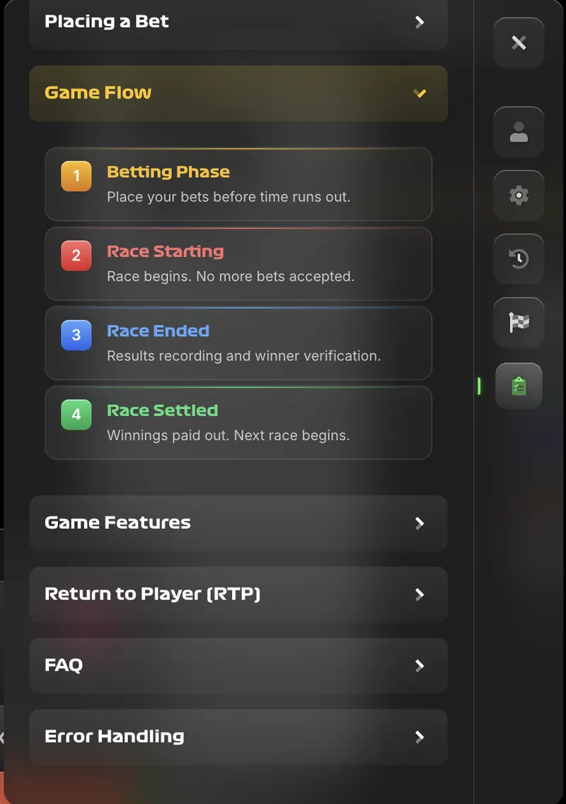 Diagram showing the four Stairpong game phases in sequence: Betting Phase, Race Starting, Race Ended, Race Settled
