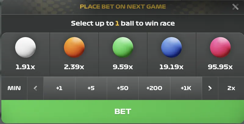 Stairpong betting panel showing five ball colors with their respective multipliers: White 1.9x, Orange 2.39x, Green 9.5x, Blue 19x, Pink 95x