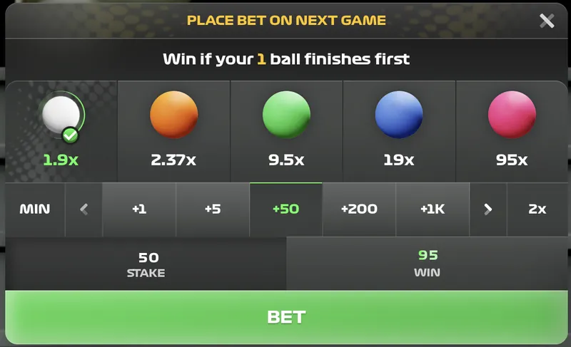 Stairpong bet placement screen showing ball color selection and stake input