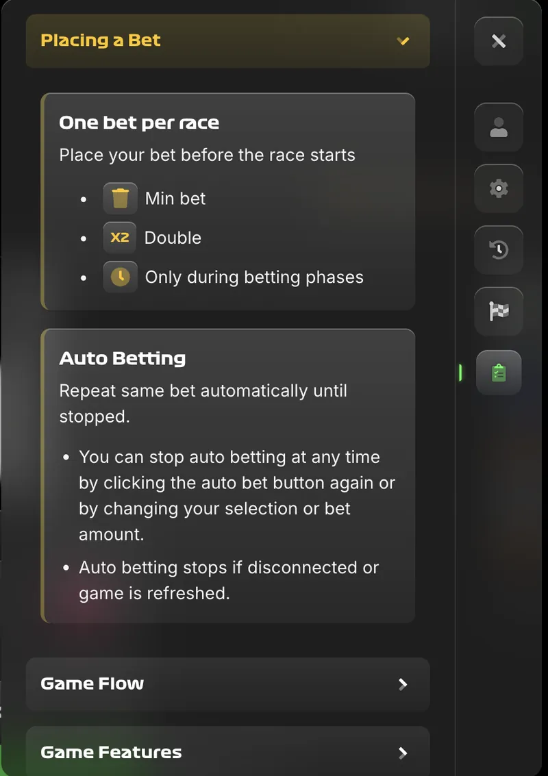 Stairpong placing bet panel showing rules, bet confirmation, and auto betting toggle options