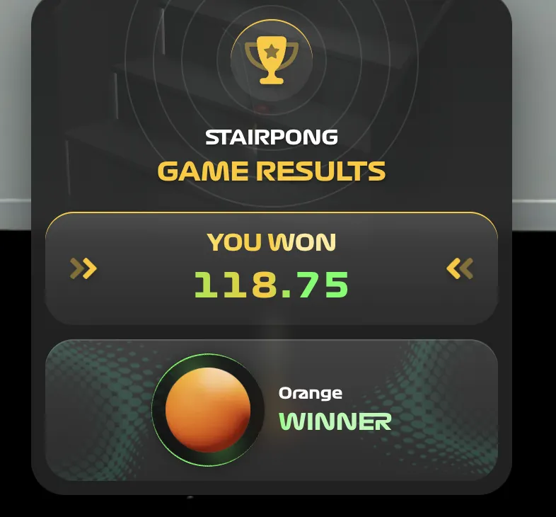 Stairpong payout screen showing the winning amount credited to the player